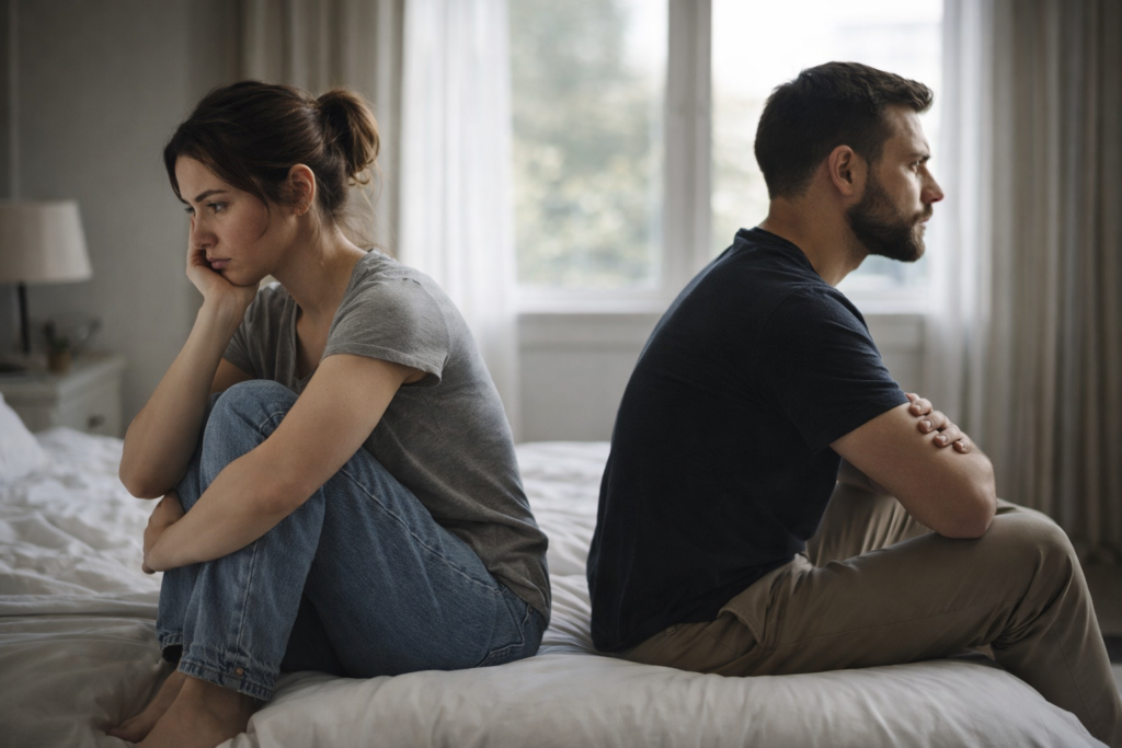 Married couple sitting apart on a bed, looking emotionally distant and exhausted, reflecting quiet strain and disconnection in marriage