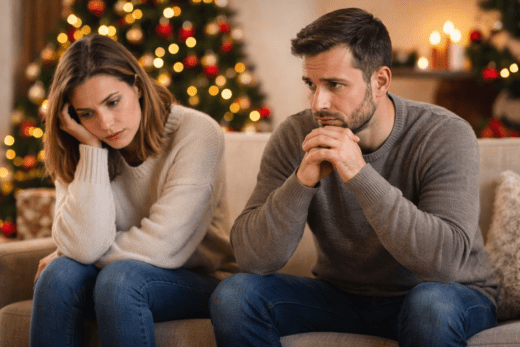 Couple sitting together at Christmas with visible emotional distance, representing a marriage struggling during the holidays.