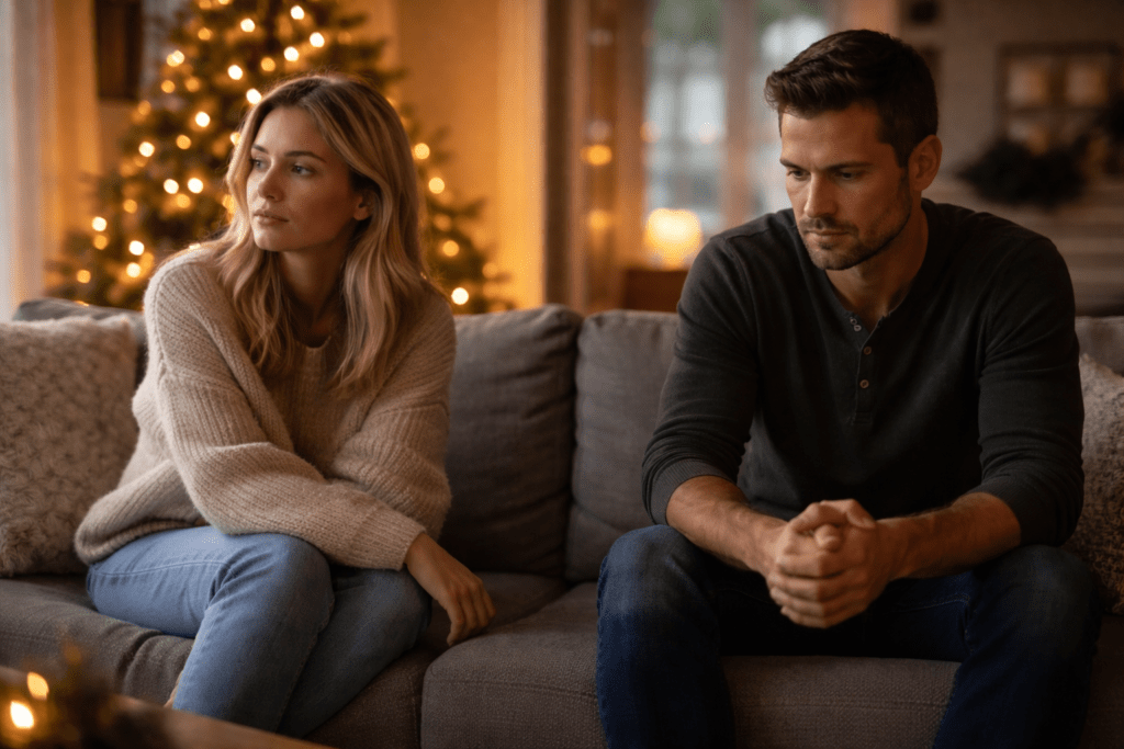 Married couple sitting quietly on a couch after Christmas, feeling emotionally distant