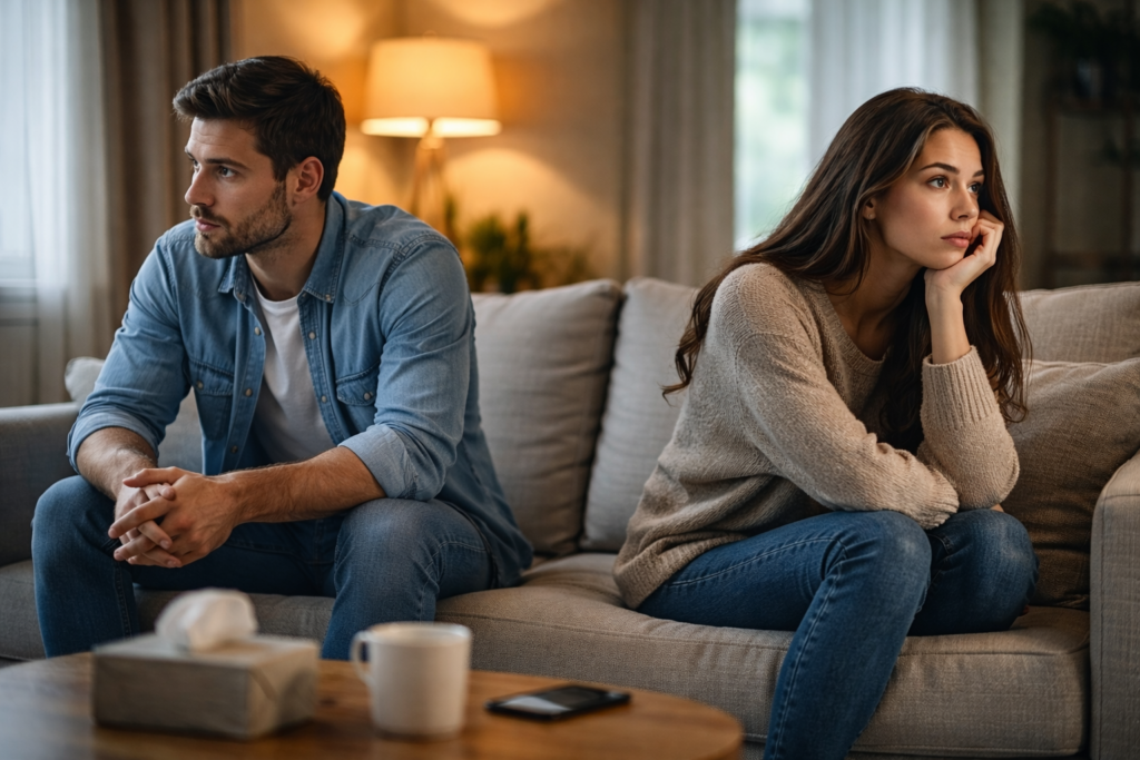 Married couple sitting apart on a couch, emotionally distant and disconnected after one partner stops trying in the relationship.