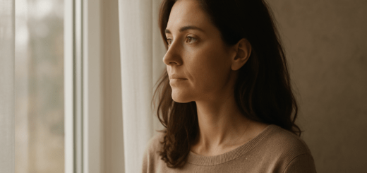 Woman worries about her marriage while looking out the window.