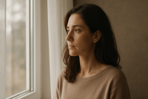 Woman worries about her marriage while looking out the window.