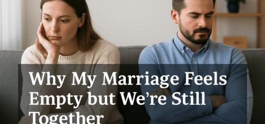 Married couple sitting apart on a couch, both looking thoughtful and emotionally distant, representing a marriage that feels empty despite staying together.