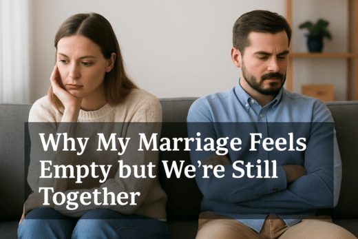 Married couple sitting apart on a couch, both looking thoughtful and emotionally distant, representing a marriage that feels empty despite staying together.