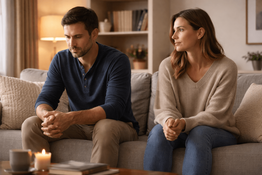 Married couple sitting quietly on a sofa looking emotionally distant.