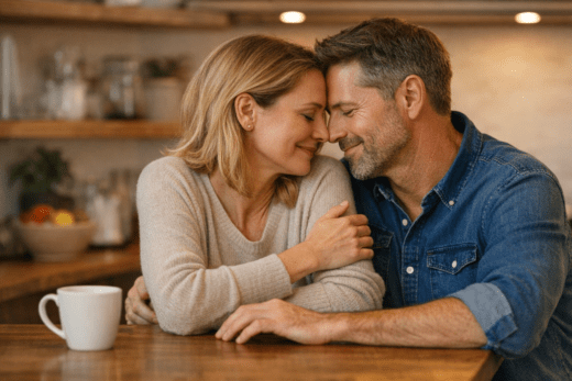 Mature husband and wife sitting close together on a couch, holding hands and reconnecting after years of distance in their marriage.
