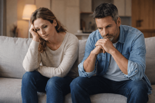 A married couple sitting quietly on a couch, both looking thoughtful and emotionally distant in a calm living room setting.
