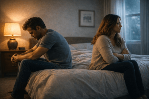 Married couple sitting quietly on a bed at night showing emotional distance and silence in a marriage, representing quiet relationship struggle before separation