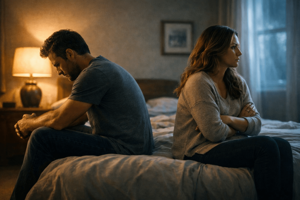 Couple sitting on bed not talking.