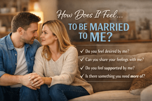 A married couple sitting closely together on a couch talking and holding hands, representing emotional connection and asking your spouse how you are doing in the marriage.