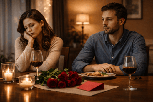 Couple sitting silently at a Valentine’s Day dinner while their marriage feels emotionally distant