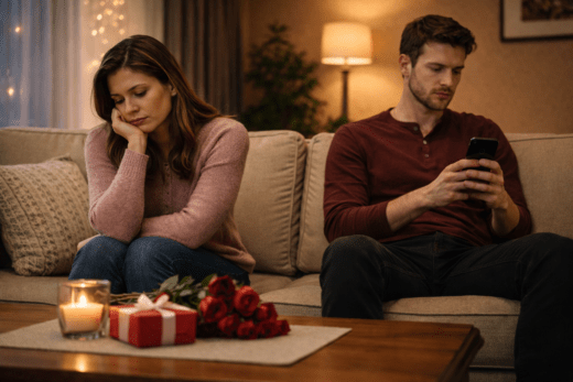 Married couple sitting apart on Valentine’s Day showing emotional distance and disconnection