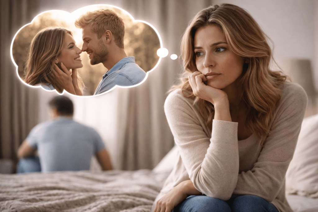 Married woman daydreaming about another man while her husband sits in the background, representing limerence in marriage.