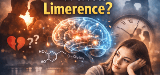 Illustration explaining what causes limerence, showing emotional obsession, brain chemistry, and romantic attraction.