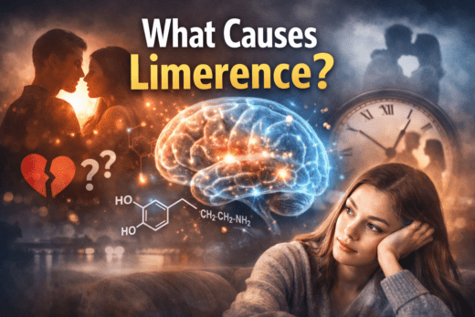 Illustration explaining what causes limerence, showing emotional obsession, brain chemistry, and romantic attraction.