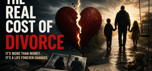 Broken heart split in half with parent walking away with children at sunset, symbolizing the emotional and family cost of divorce