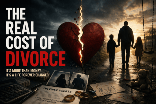 Broken heart split in half with parent walking away with children at sunset, symbolizing the emotional and family cost of divorce
