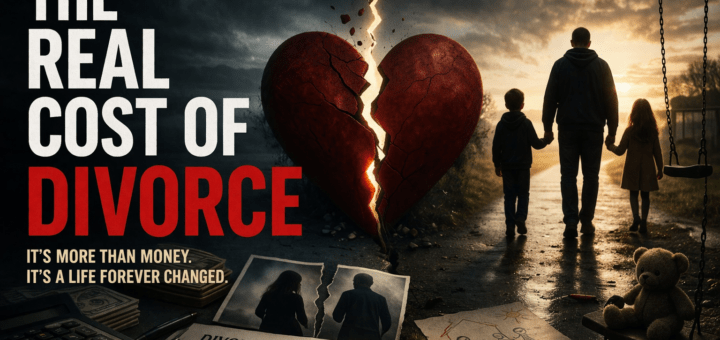 Broken heart split in half with parent walking away with children at sunset, symbolizing the emotional and family cost of divorce