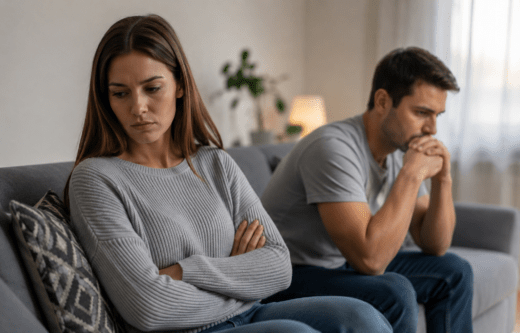 Couple sitting apart on a couch during a marriage crisis as the husband and wife appear emotionally distant and stressed while trying to save their relationship.