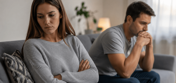 Couple sitting apart on a couch during a marriage crisis as the husband and wife appear emotionally distant and stressed while trying to save their relationship.