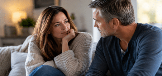 Husband and wife having a serious conversation on the couch, possibly reconsidering divorce and discussing their marriage.